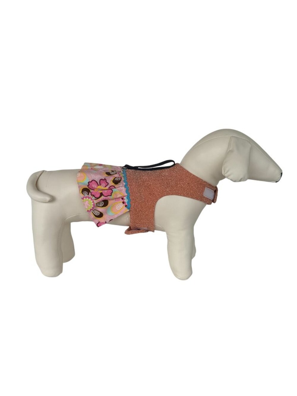 Handmade Small Dog Adjustable Dress w Harness Glittery Salmon Top Floral Skirt